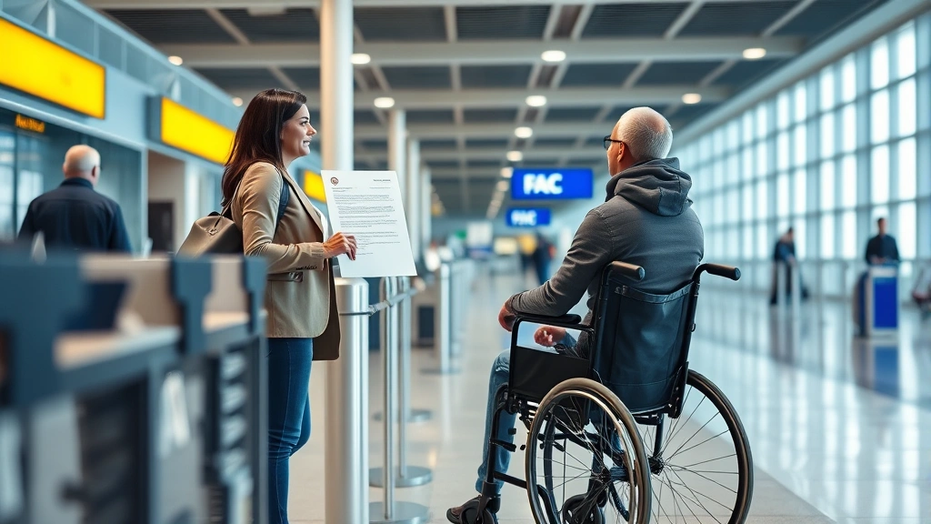 Diverse traveler at airline check-in counter showing medical clearance letter to agent, with wheelchair and mobility equipmen