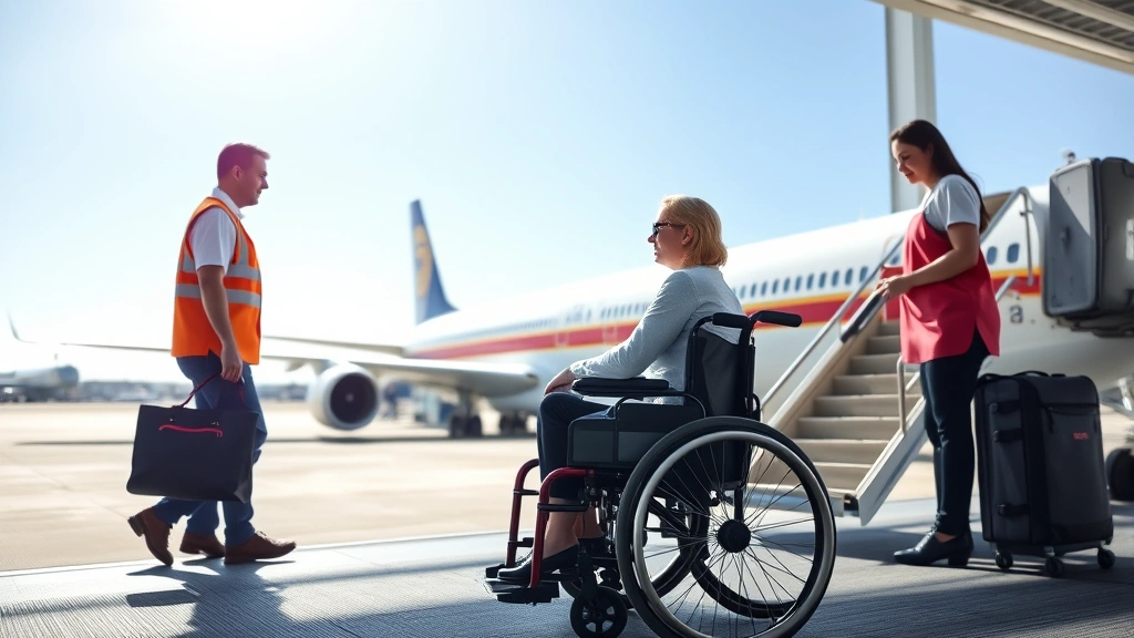 Woman in wheelchair at airport gate with airline staff assisting her boarding a commercial airplane, bright daylight, profess