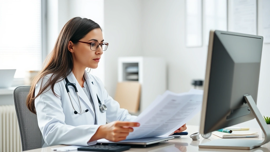 Doctor in white coat reviewing medical documents at desk with stethoscope and computer, focused expression, clinical office e