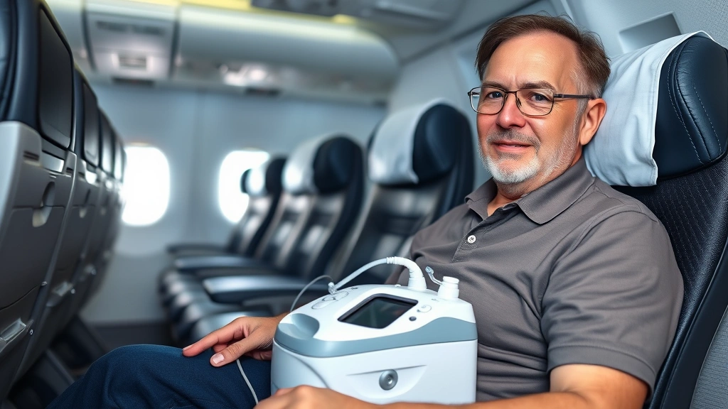 Passenger sitting in airplane seat with portable oxygen concentrator device on lap, cabin interior visible, calm expression,