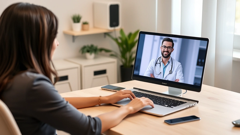 Professional woman sitting at home desk video calling with male doctor on laptop screen during telemedicine appointment