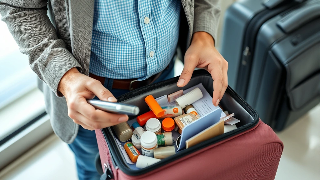 Diverse middle aged person packing medical medications and travel documents into carry on luggage for airplane trip
