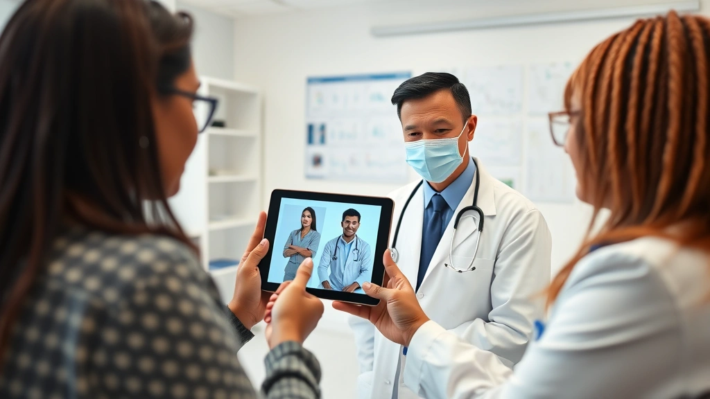 Diverse patient consulting with doctor on tablet screen via telemedicine, bright modern office background with medical charts