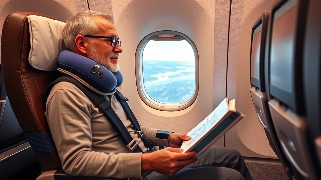 Traveler with mobility aids sitting in airplane window seat, comfortable position with neck pillow and reading materials, nat