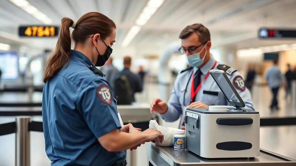 Airport security checkpoint with TSA officer checking medical equipment like oxygen concentrator and medications, professiona