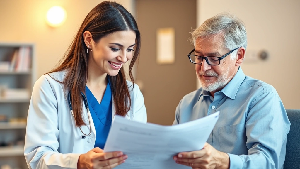 Professional healthcare provider in clinical setting reviewing medical documents with patient, warm lighting, supportive envi