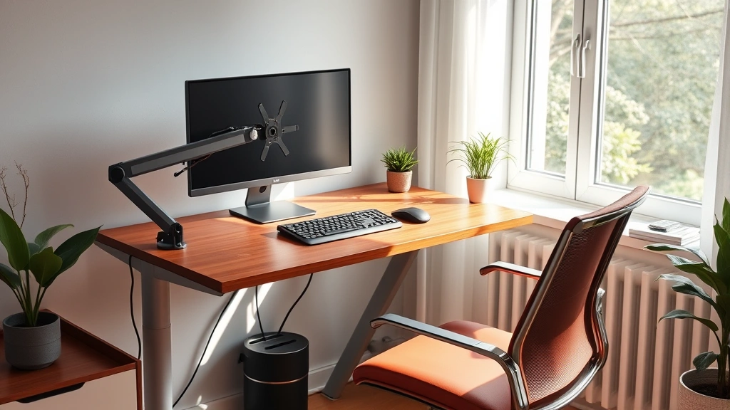 Ergonomic home office workspace with adjustable desk, monitor arm, ergonomic keyboard, comfortable chair, natural daylight fr