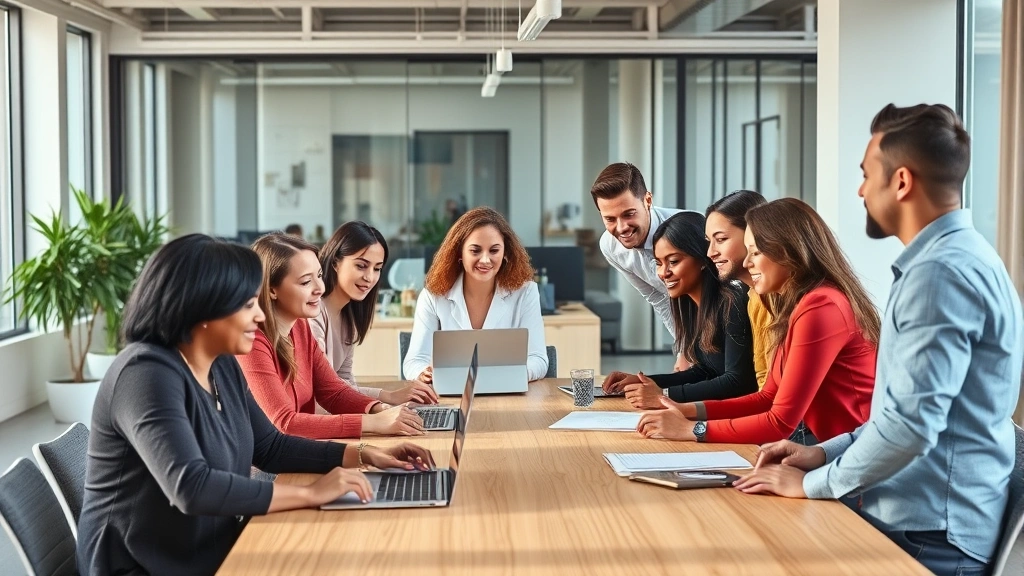 Diverse professional team in modern office collaborating at table, some seated some standing, inclusive workplace culture, po