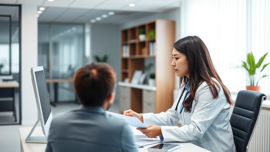 Professional healthcare provider in white coat reviewing medical documents at desk with patient across from them in modern cl