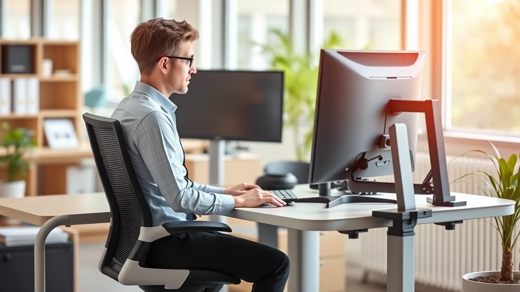 Employee working at ergonomic desk setup with adjustable chair monitor stand and keyboard in bright office environment with n