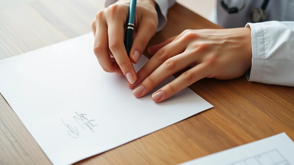Close-up of hands holding official medical letter with healthcare provider signature and letterhead on wooden desk surface