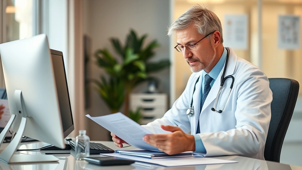 Professional healthcare provider in white coat reviewing medical documents at desk with stethoscope and computer, warm office