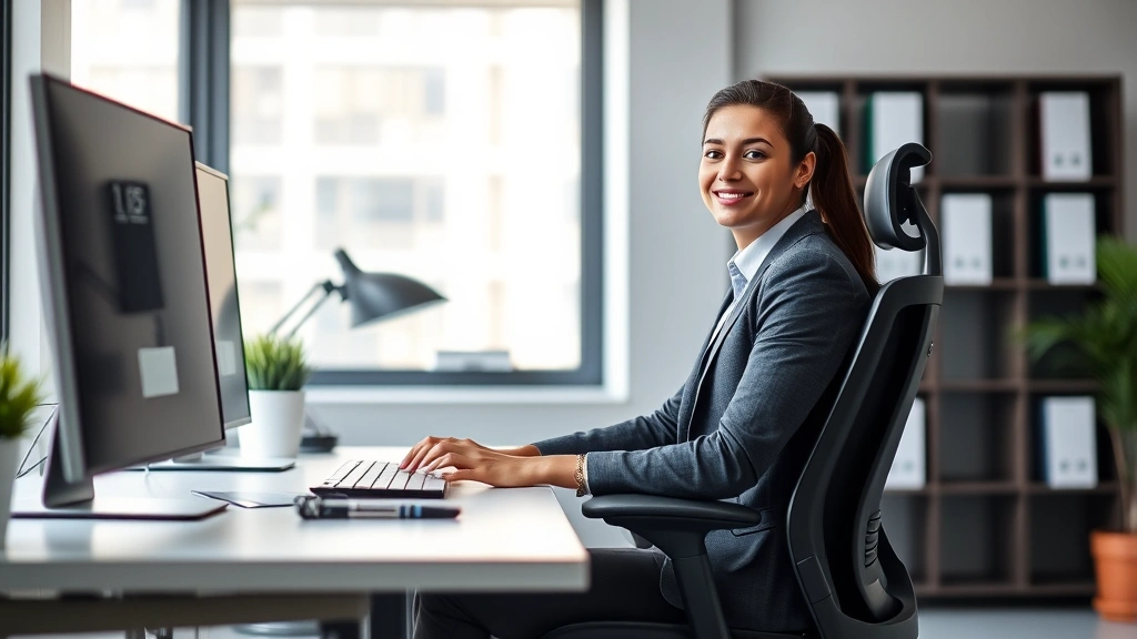 Employee in modern office setting with ergonomic chair and adjustable desk setup, natural window light, professional appearan