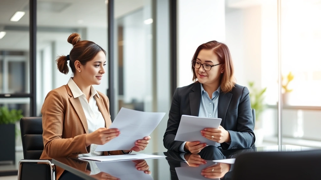 Person meeting with HR representative in modern office conference room, both reviewing documents, professional attire, inclus