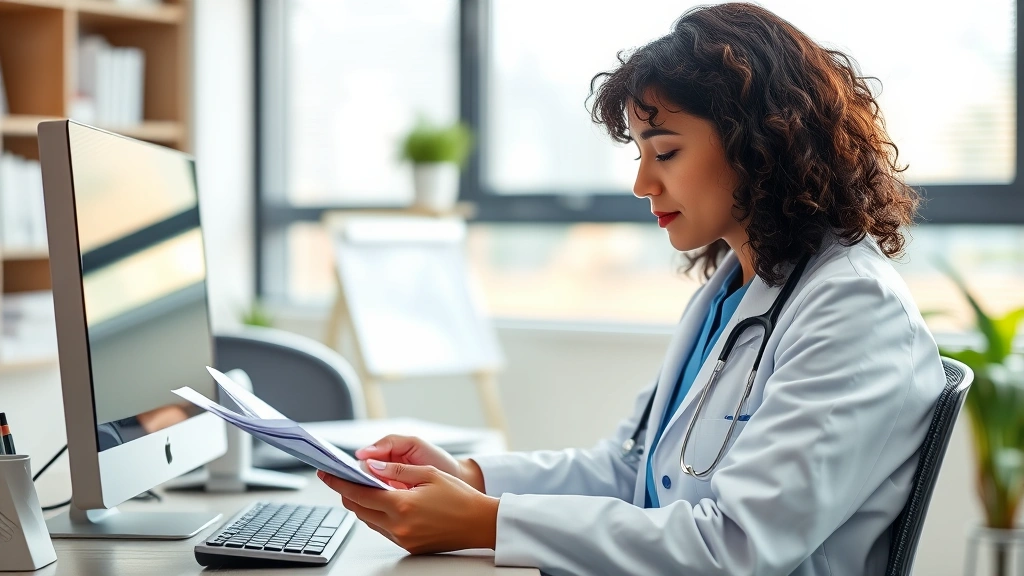 Healthcare provider in white coat reviewing medical documents at desk with computer, professional office setting, warm natura