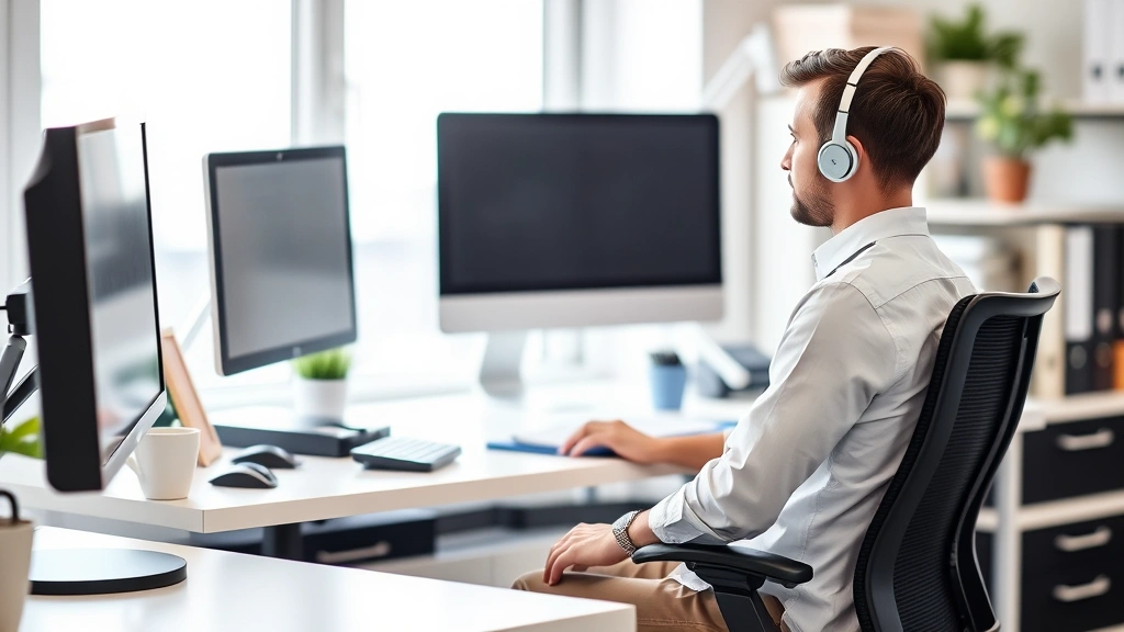 Person sitting at ergonomic desk workspace with proper posture, monitor at eye level, supportive chair, organized office envi