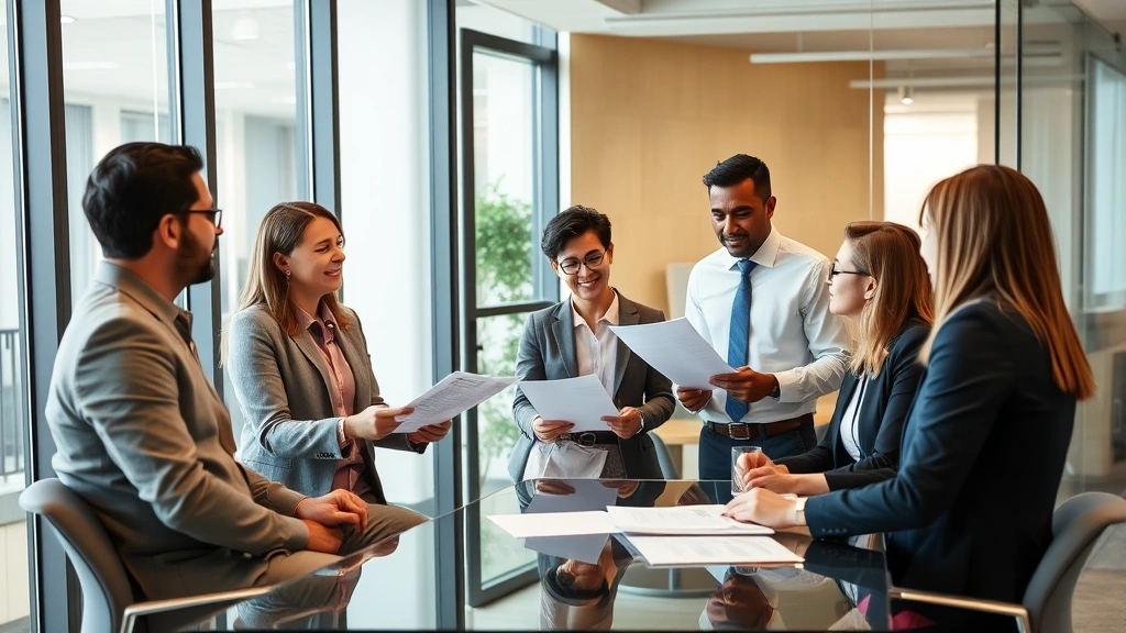 Diverse professionals in modern office conference room discussing accommodation documents, collaborative atmosphere, professi