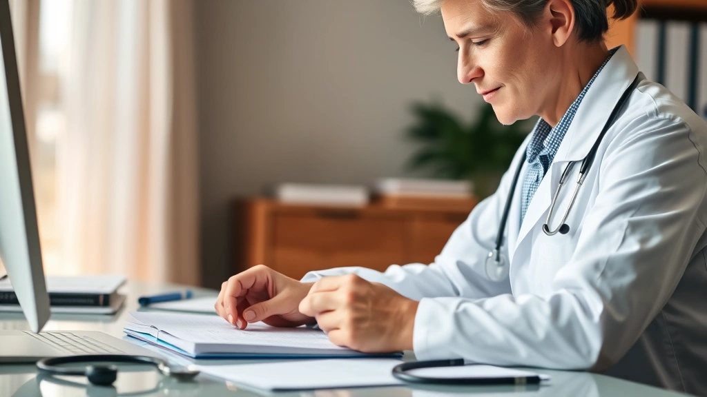 Professional healthcare provider in white coat reviewing medical documents at desk with stethoscope nearby, warm lighting