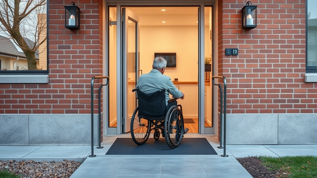 Person in wheelchair accessing ground floor apartment entrance with accessible ramp and wide doorway in modern building