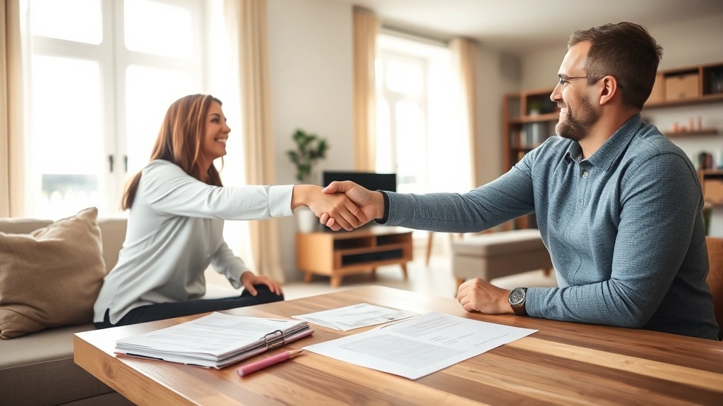 Tenant and landlord shaking hands in apartment living room with lease papers on table, natural sunlight from windows