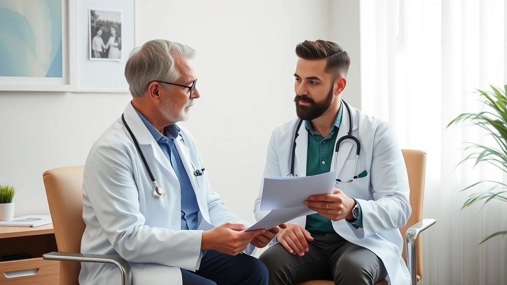 Healthcare provider in white coat discussing medical documents with patient during office consultation