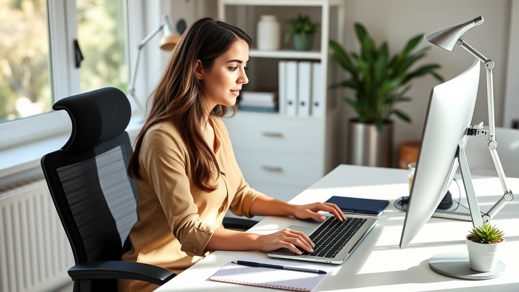 Professional woman working remotely at home office desk with ergonomic setup and natural lighting