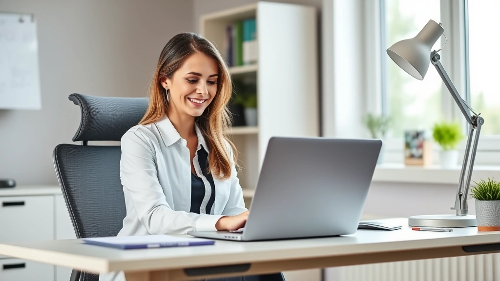 Professional woman in home office setup with ergonomic chair and desk lamp, smiling while working on laptop, natural daylight