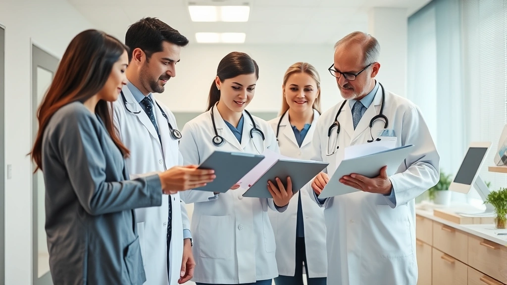Diverse group of healthcare professionals in modern medical office reviewing documents and tablets, collaborative clinical se