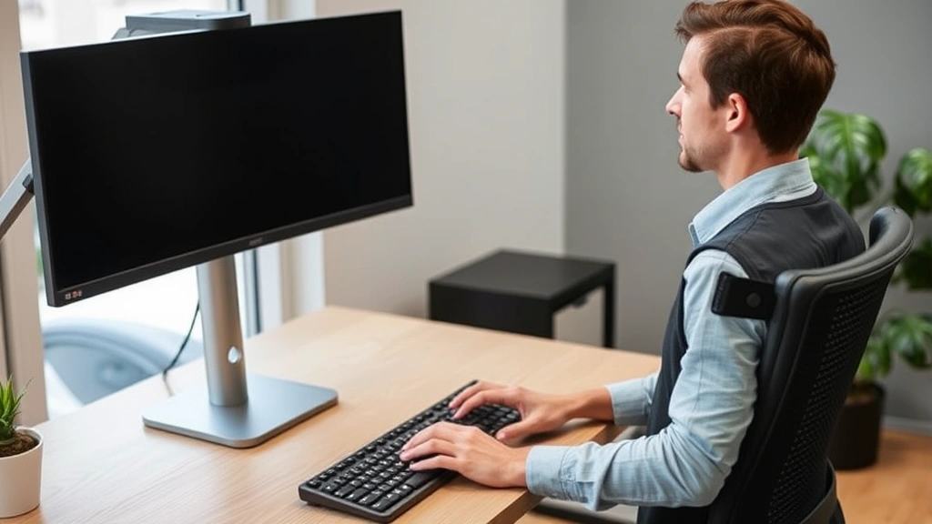 Person in comfortable posture at desk with proper monitor height and keyboard position, demonstrating ergonomic workplace set