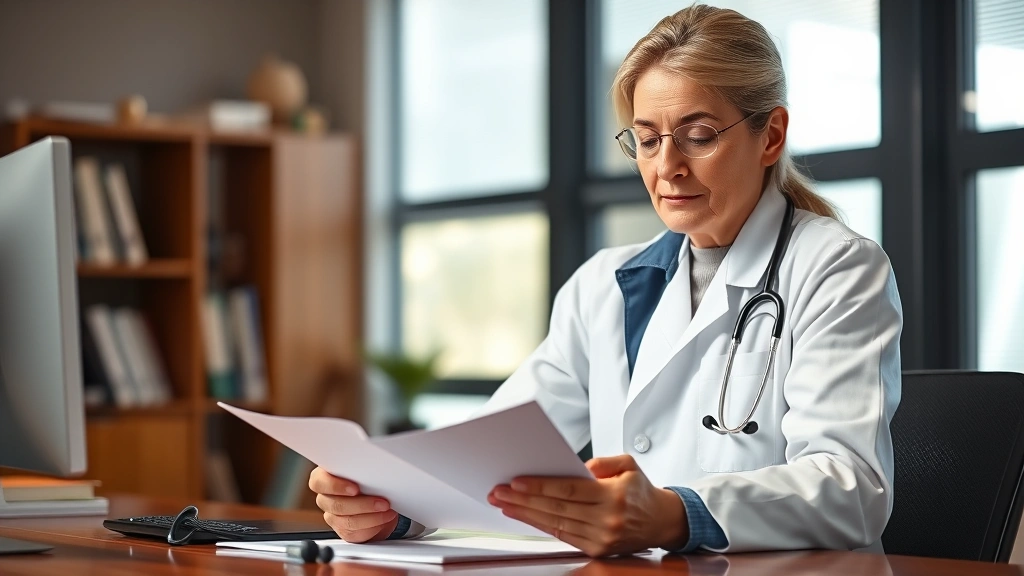 Healthcare provider in professional white coat reviewing medical document at desk with stethoscope visible, warm office light