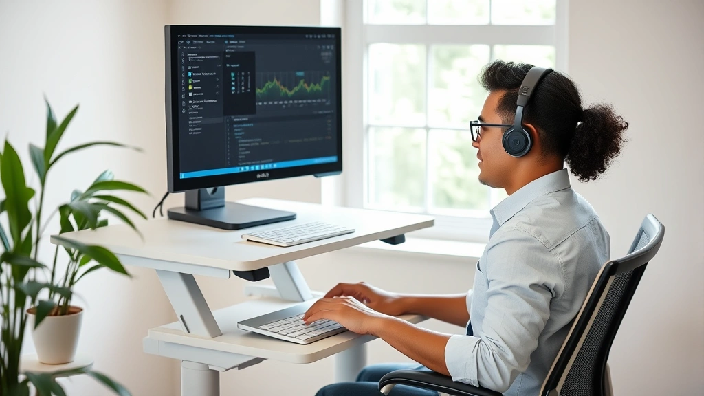 Employee sitting at ergonomic workspace with adjustable standing desk, monitor at eye level, comfortable chair, natural dayli