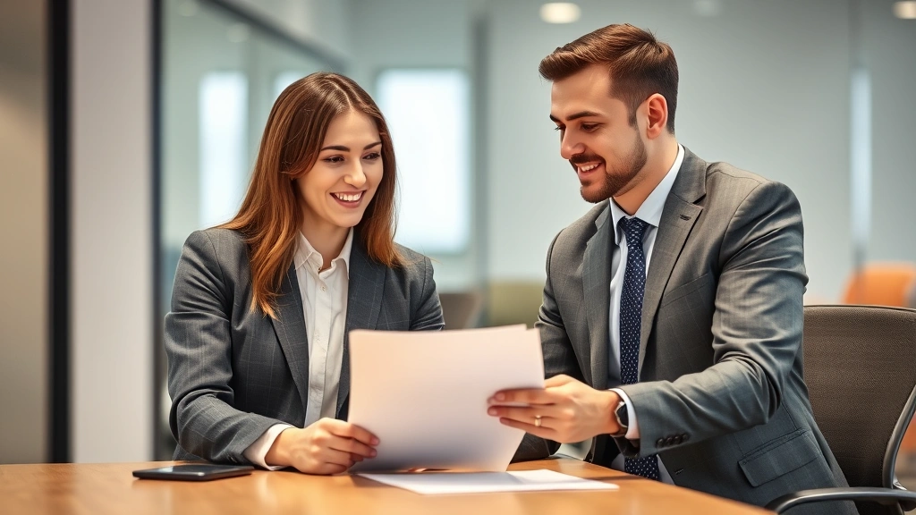 Professional HR meeting between employee and HR representative in modern office, both reviewing documents, respectful convers