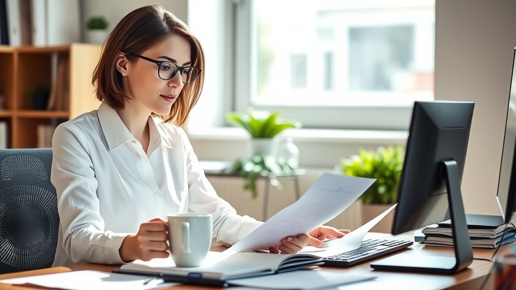 Professional woman at desk reviewing documents with coffee, natural office lighting, focused expression