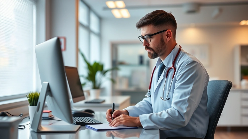 Healthcare provider writing notes at computer in modern medical office with warm lighting