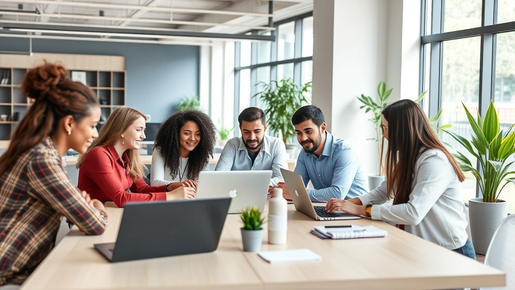 Diverse employees collaborating at table with laptops, inclusive workplace environment, natural daylight