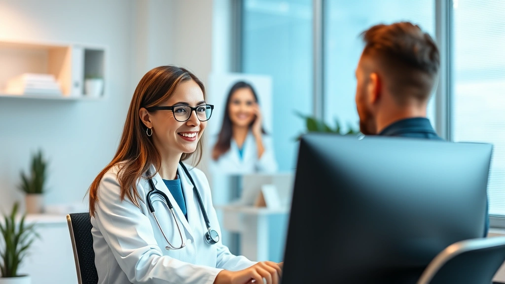 Female doctor at computer smiling during virtual consultation with patient, bright medical office background