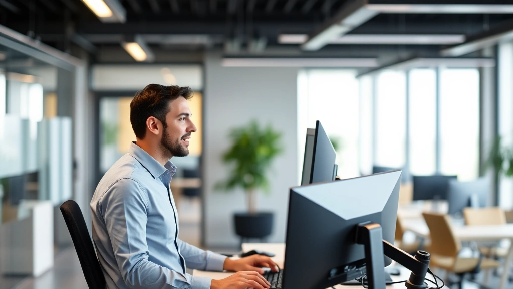 Male professional working at sit-stand desk with adjustable monitor setup in modern office environment