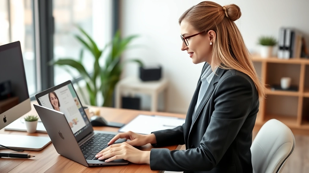 Professional woman in business attire having a video consultation with a healthcare provider on her laptop at a home office d