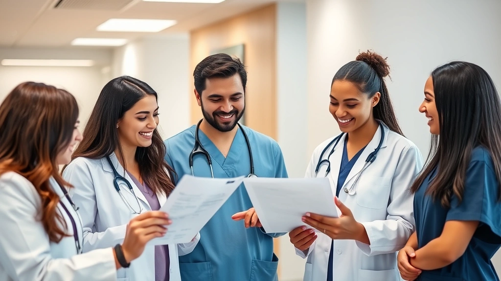 Diverse group of healthcare professionals in a modern clinic setting reviewing medical documents and smiling