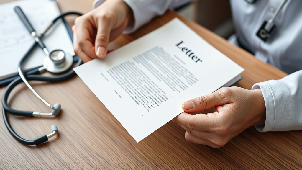 Close-up of hands holding a signed medical letter on a desk with a stethoscope and clipboard nearby