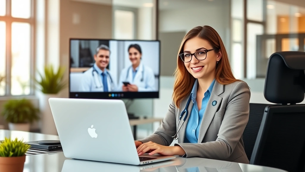 Professional woman in business casual sitting at desk with laptop during video call with healthcare provider, bright modern o