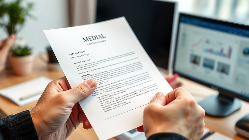 Close-up of hands holding printed medical letter with official letterhead, professional office desk setting, soft focus backg