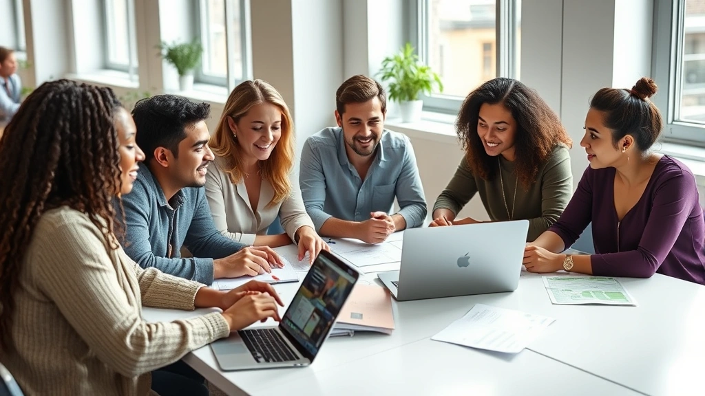 Diverse team in modern workplace collaborating at table with laptop and documents, natural daylight from windows, inclusive o