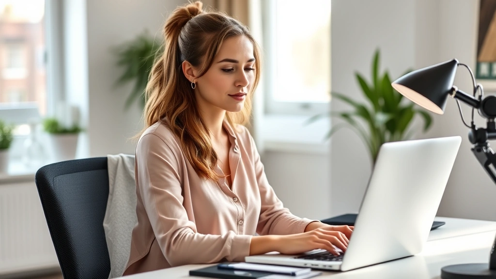 Professional woman with laptop working from home office with ergonomic desk setup, natural sunlight from window, relaxed focu