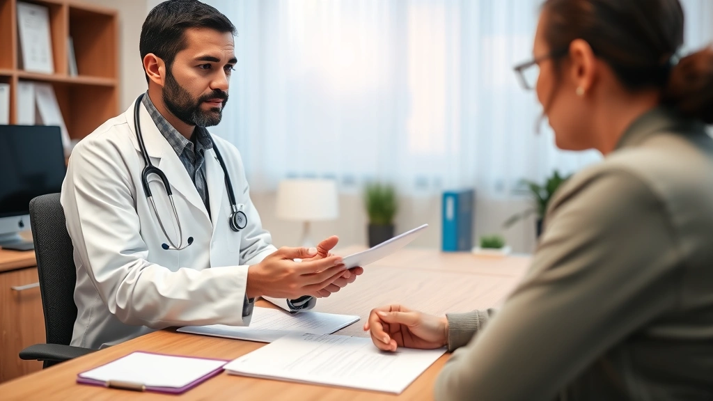 Healthcare provider in white coat discussing medical documentation with patient in office, warm professional setting with des