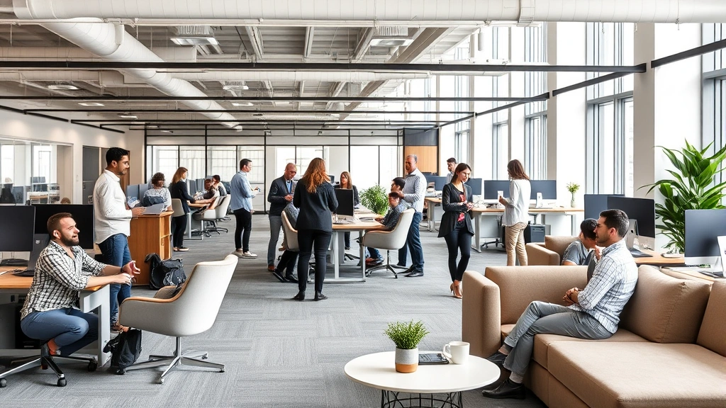 Diverse employees collaborating in modern office space with flexible seating areas, standing desks, and comfortable break spa