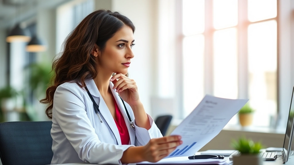 Professional woman at desk reviewing medical documentation with thoughtful expression, modern office background, natural ligh