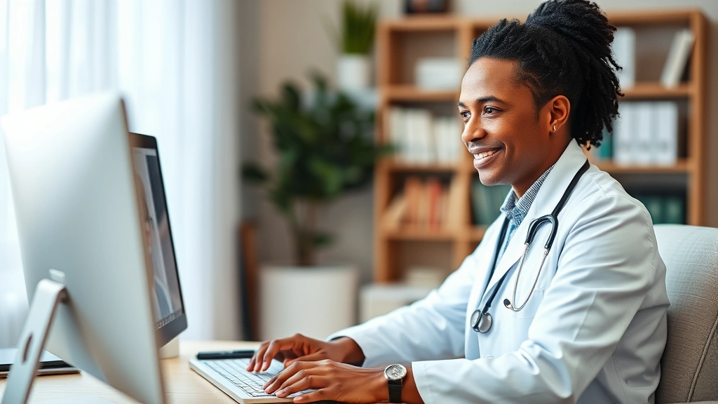 Diverse healthcare provider in white coat during telehealth consultation on computer, warm and professional demeanor, home of