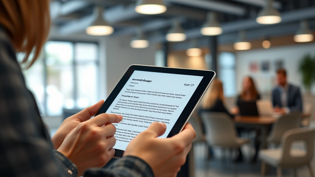 Person with tablet reviewing accommodation letter at workplace, supportive manager in background, collaborative meeting atmos
