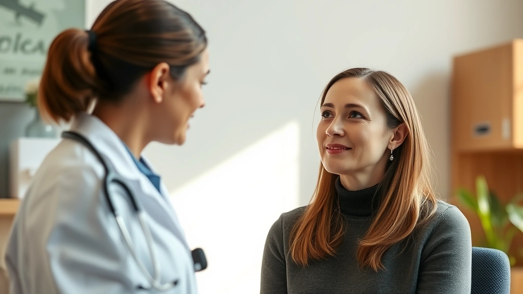 Calm professional woman in medical office speaking with healthcare provider about mental health concerns, warm lighting, comp